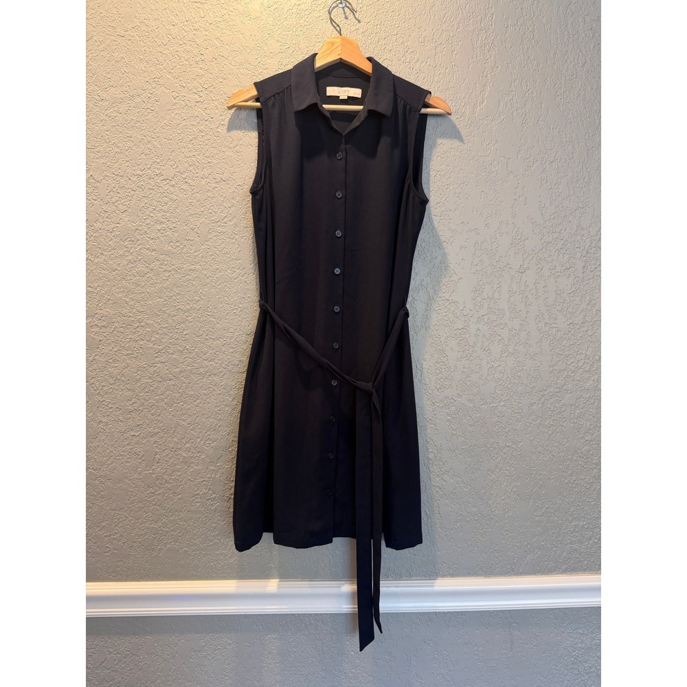 LOFT Petites Navy Blue Sleeveless Button Down Belted Shirt Dress 8P